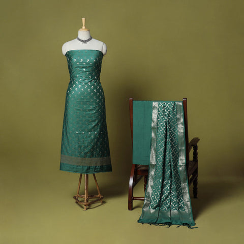 Green - 3pc tanchoi silk cotton unstitched banarasi dress