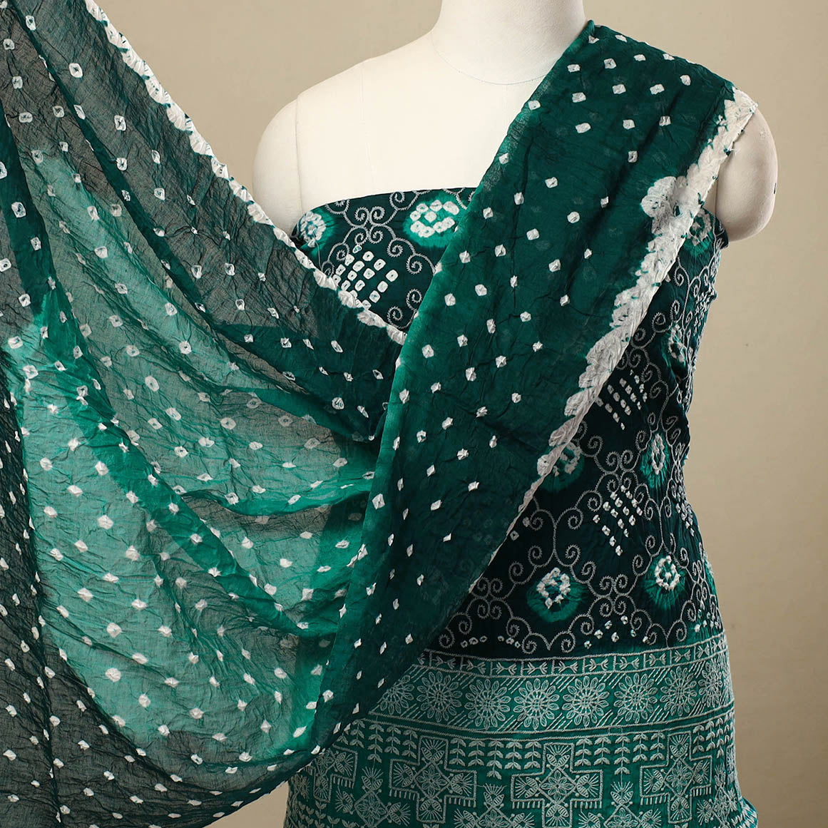 Green 3pc Tie & Dye Satin Cotton Bandhani Dress Material