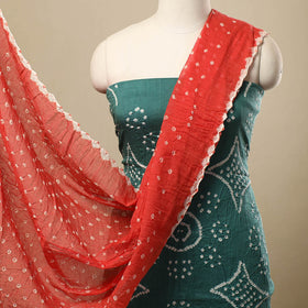 Green 3pc Tie & Dye Satin Cotton Bandhani Dress Material