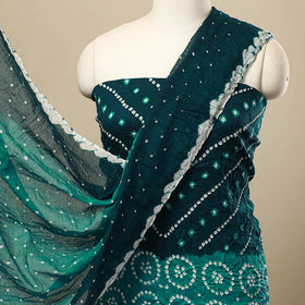 Green 3pc Tie & Dye Satin Cotton Bandhani Dress Material