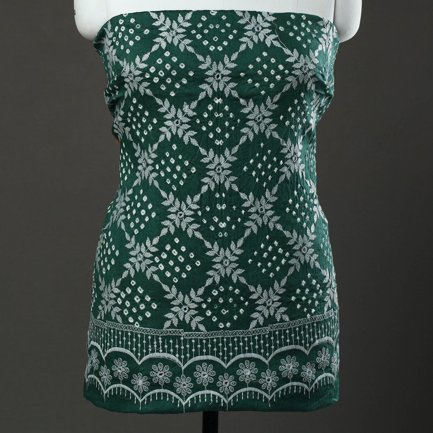 Green 3pc Tie & Dye Satin Cotton Bandhani Dress Material