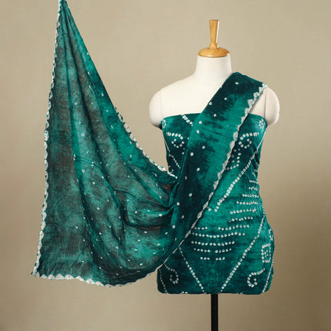  3pc Tie & Dye Satin Cotton Green Bandhani Dress Material