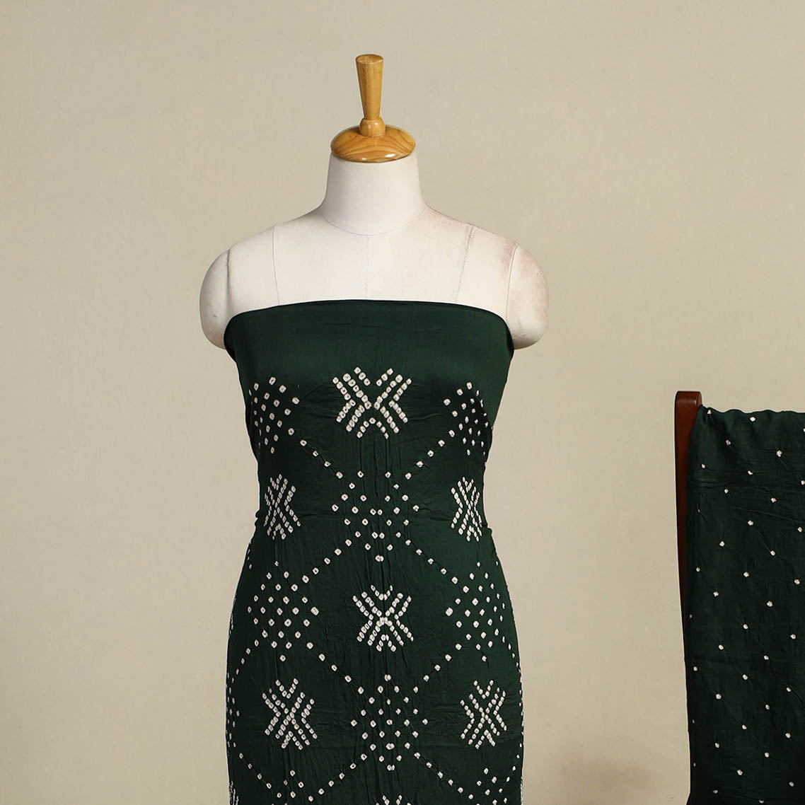 Green 3pc Tie & Dye Satin Cotton Bandhani Dress Material