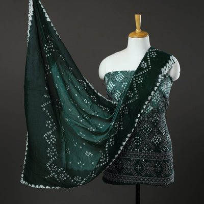 Green 3pc Tie & Dye Satin Cotton Bandhani Dress Material