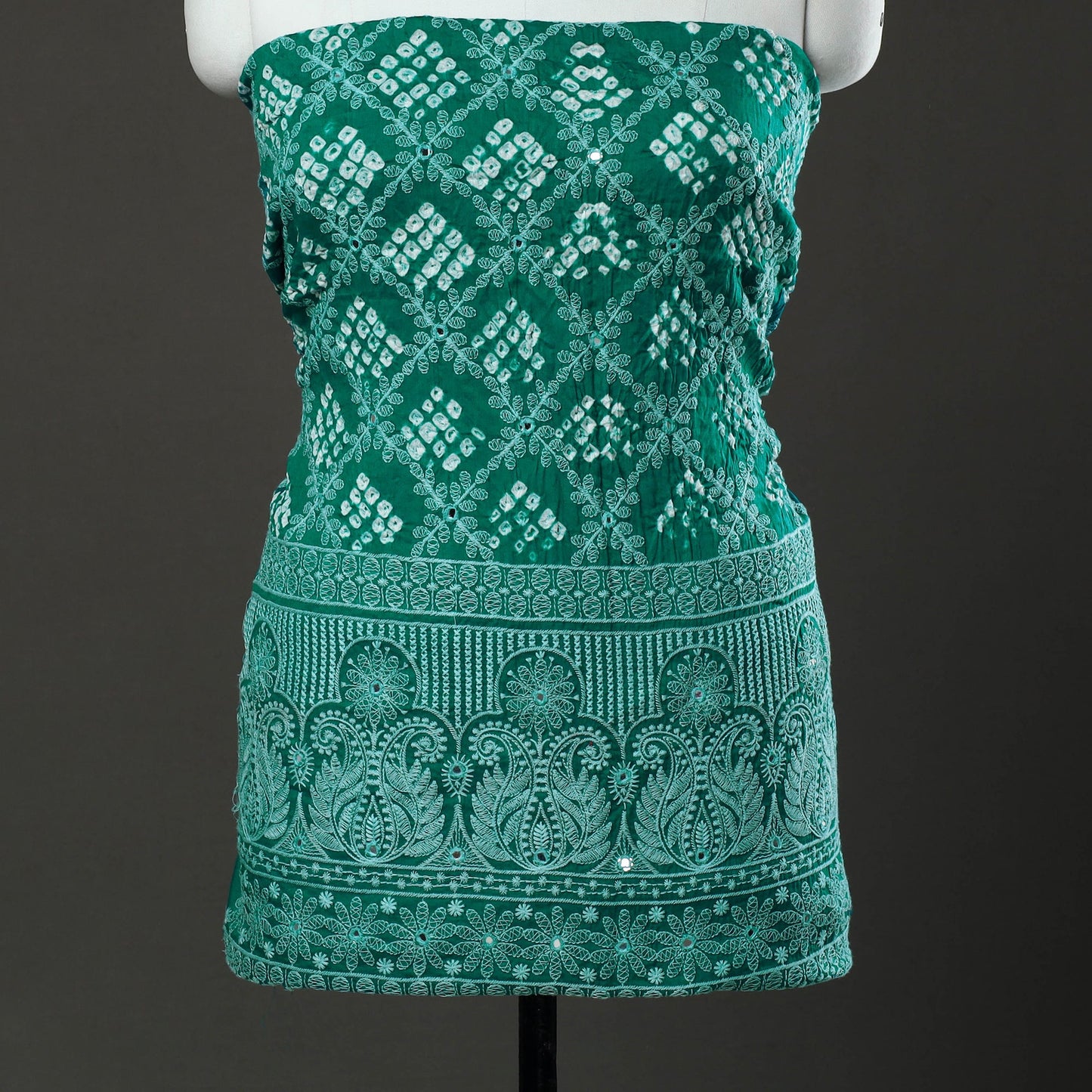 Green 3pc Tie & Dye Satin Cotton Bandhani Dress Material