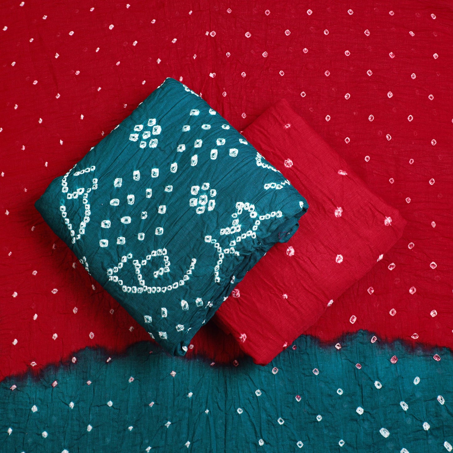  3pc Tie & Dye Satin Cotton Green Bandhani Dress Material