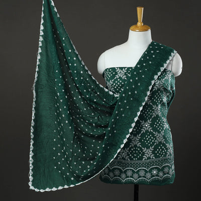 Green 3pc Tie & Dye Satin Cotton Bandhani Dress Material