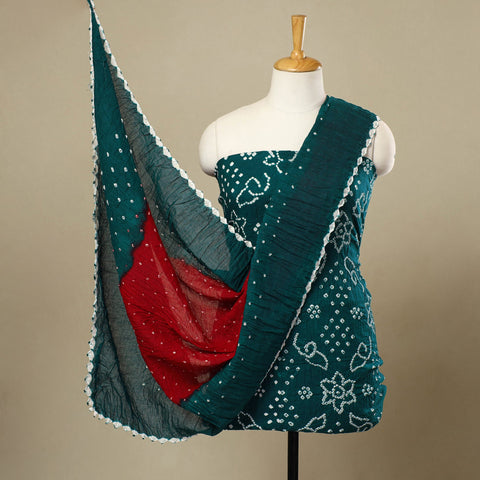  3pc Tie & Dye Satin Cotton Green Bandhani Dress Material