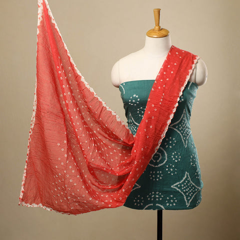 Green 3pc Tie & Dye Satin Cotton Bandhani Dress Material