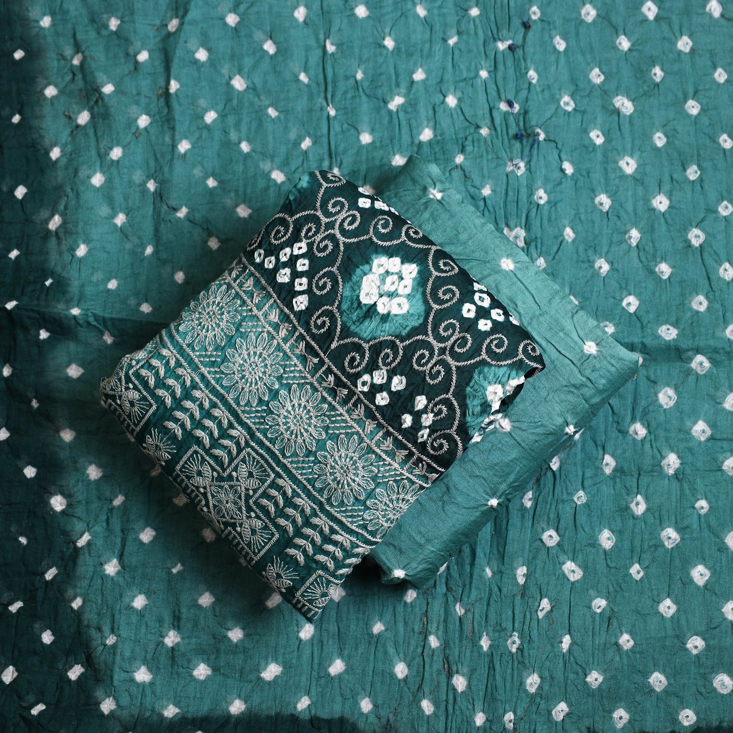 Green - 3pc tie & dye satin cotton bandhani unstitched