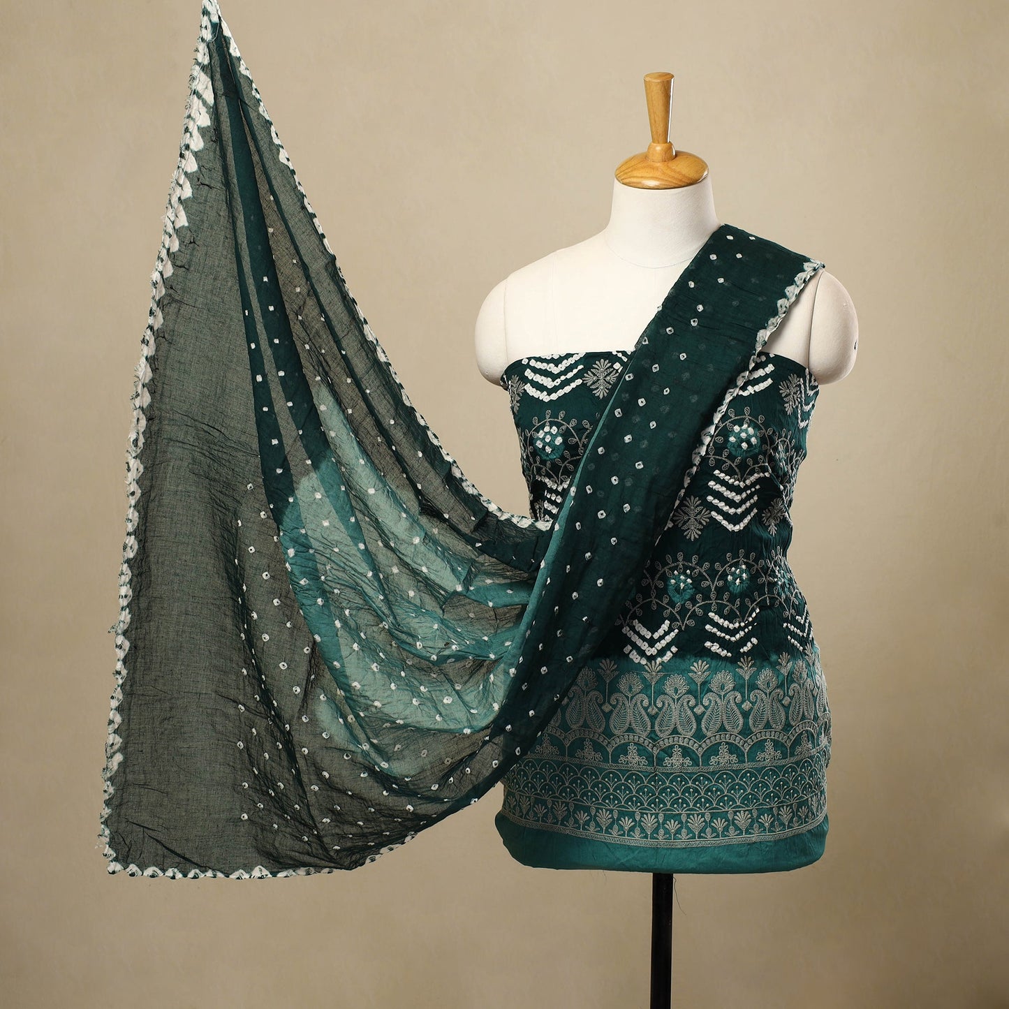 Green 3pc Tie & Dye Satin Cotton Bandhani Dress Material