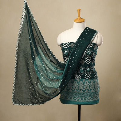 Green 3pc Tie & Dye Satin Cotton Bandhani Dress Material