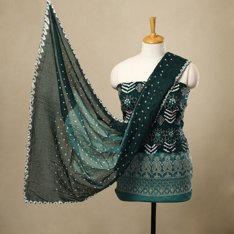 Green 3pc Tie & Dye Satin Cotton Bandhani Dress Material