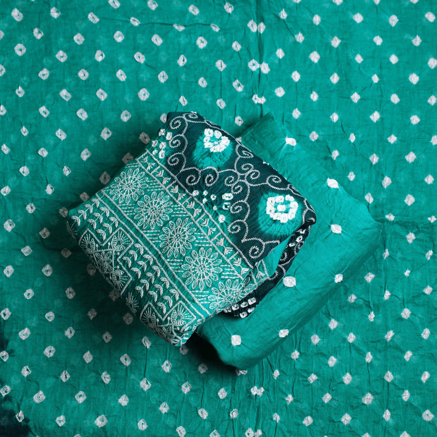 Green 3pc Tie & Dye Satin Cotton Bandhani Dress Material