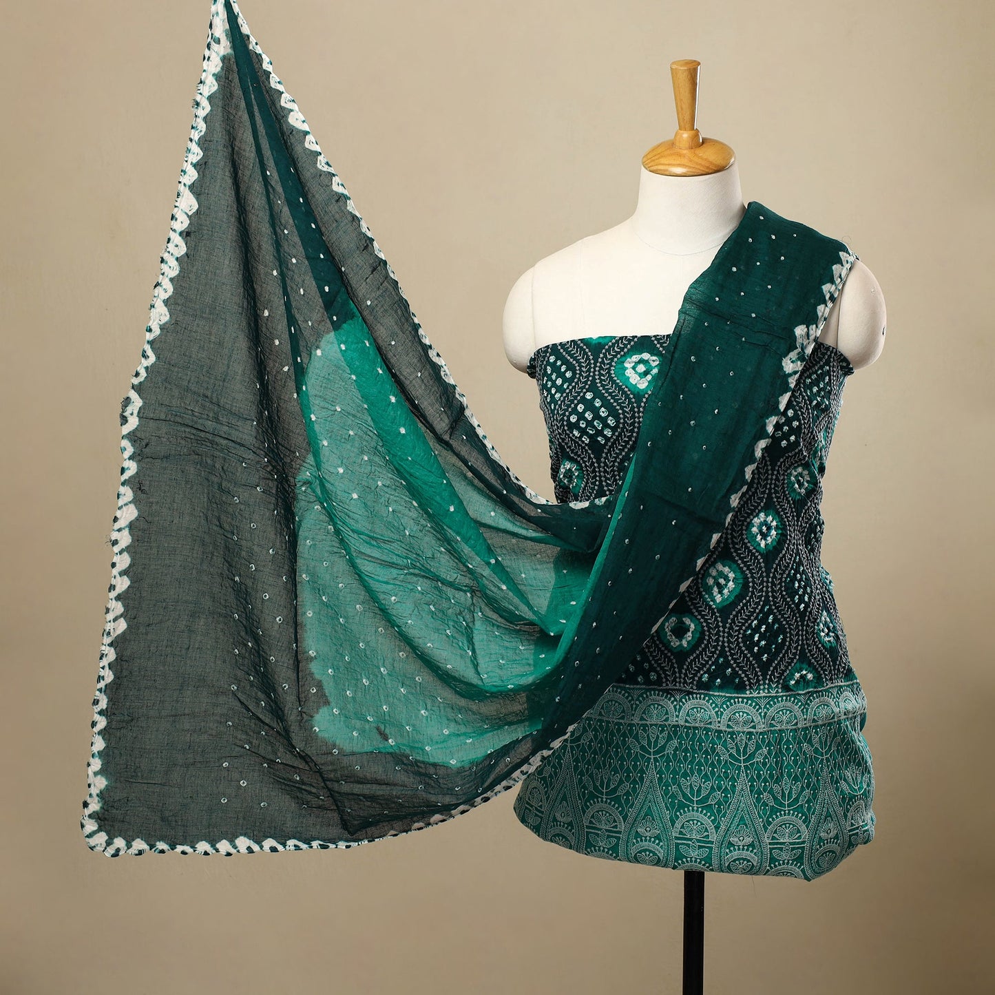 Green 3pc Tie & Dye Satin Cotton Bandhani Dress Material