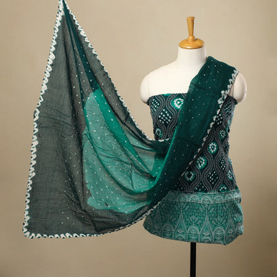 Green 3pc Tie & Dye Satin Cotton Bandhani Dress Material