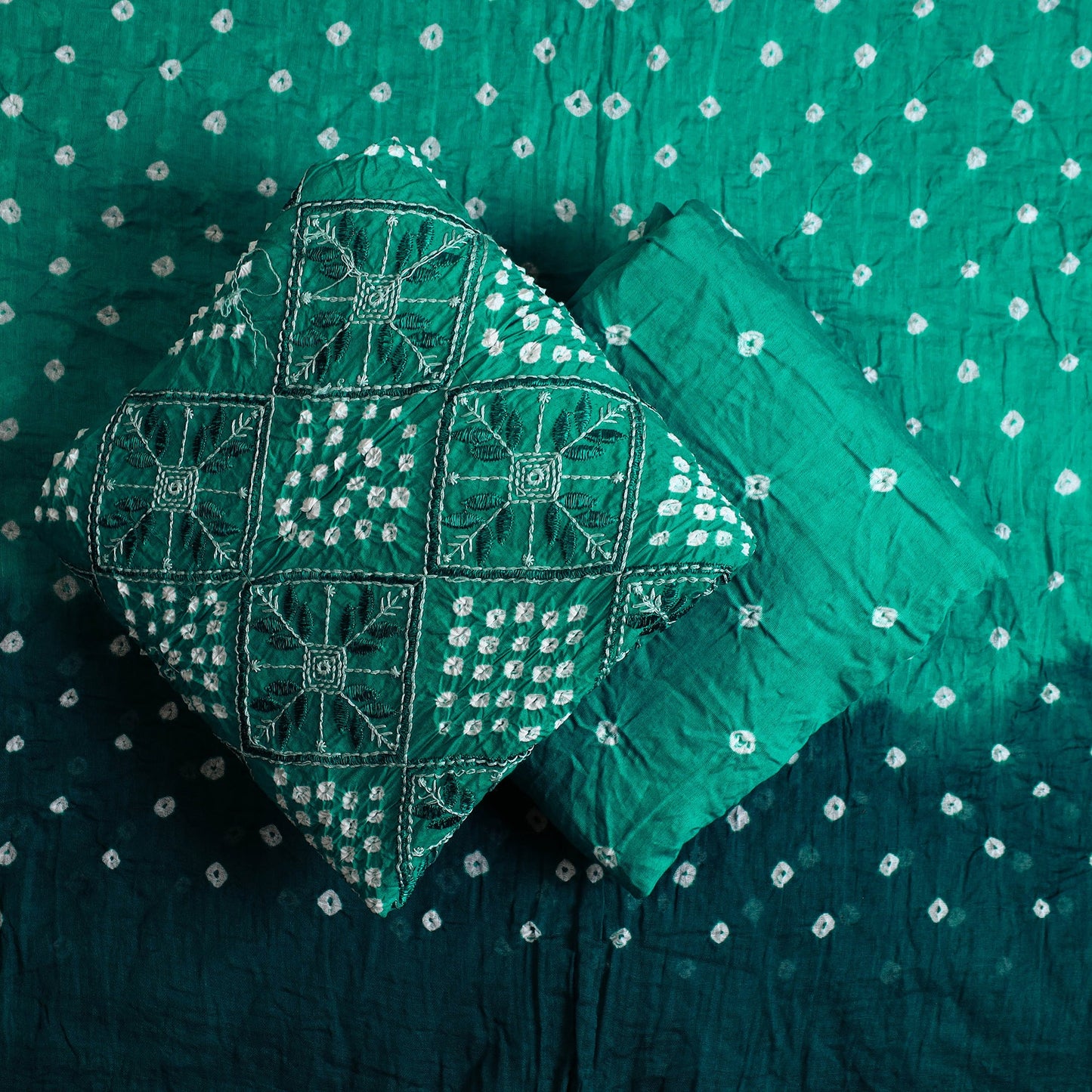  Green 3pc Tie & Dye Satin Cotton Bandhani Dress Material