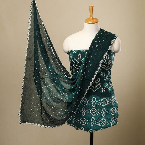 Green 3pc Tie & Dye Satin Cotton Bandhani Dress Material