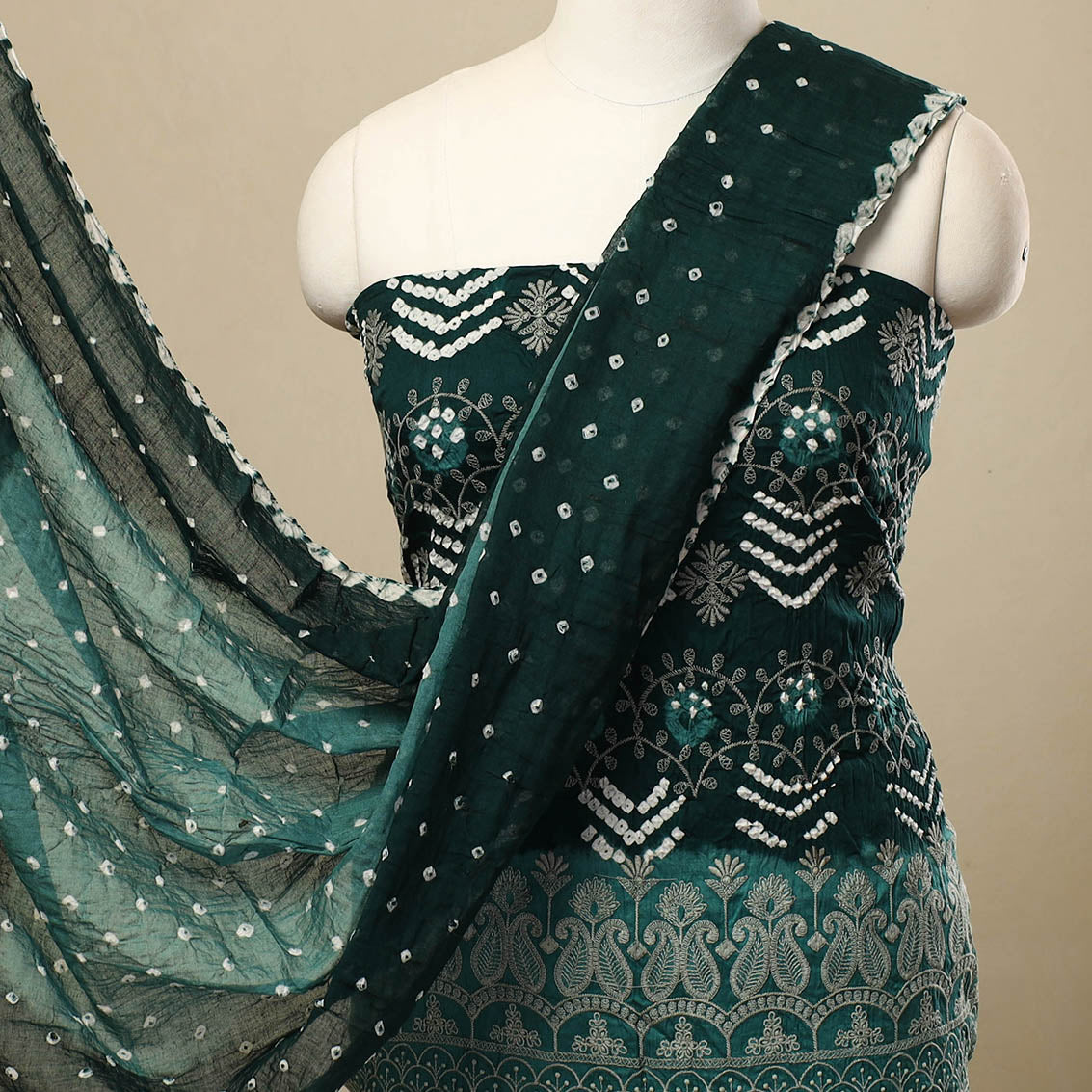 Green 3pc Tie & Dye Satin Cotton Bandhani Dress Material