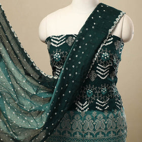 Green 3pc Tie & Dye Satin Cotton Bandhani Dress Material