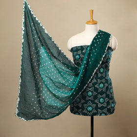 Green 3pc Tie & Dye Satin Cotton Bandhani Dress Material