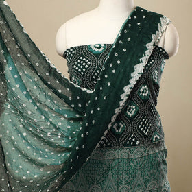 Green 3pc Tie & Dye Satin Cotton Bandhani Dress Material
