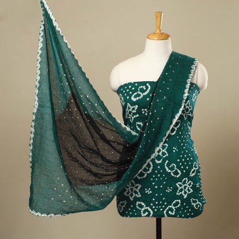 Buy 3pc Tie & Dye Satin Cotton Green Bandhani Dress Material