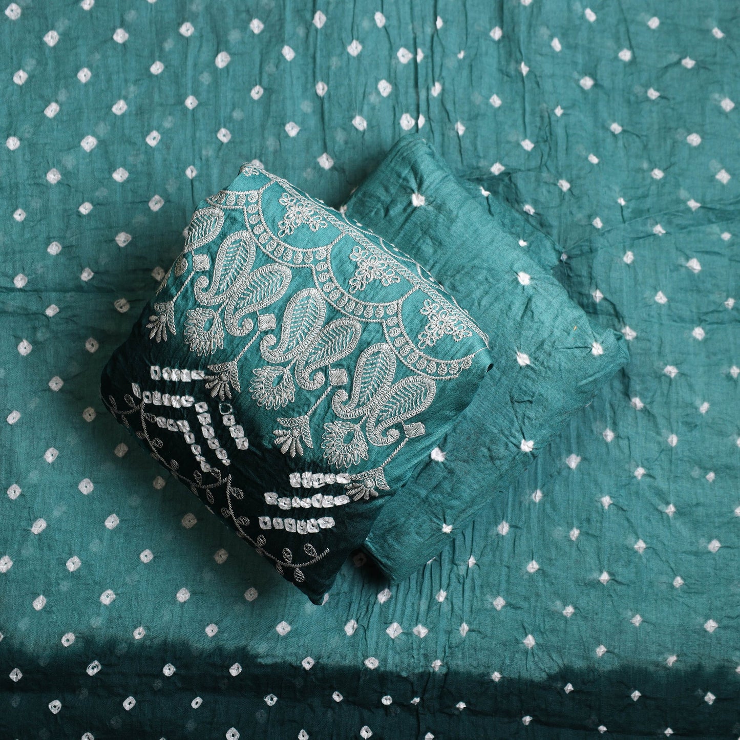 Green 3pc Tie & Dye Satin Cotton Bandhani Dress Material