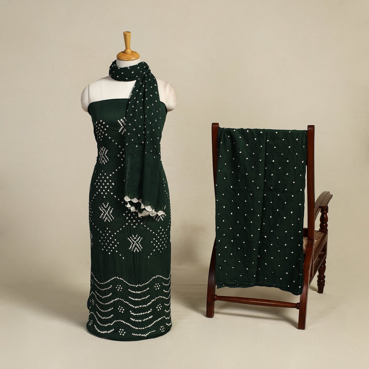 Green 3pc Tie & Dye Satin Cotton Bandhani Dress Material