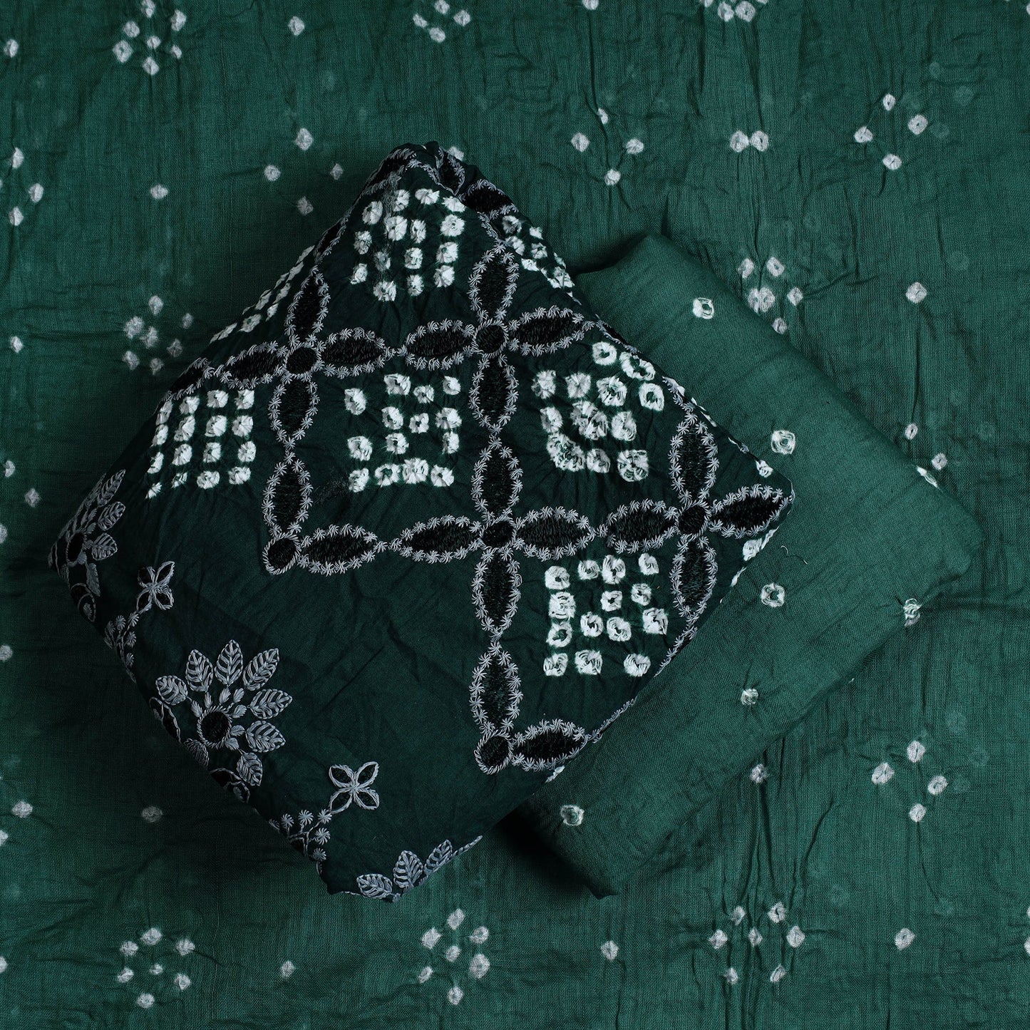 Green 3pc Tie & Dye Satin Cotton Bandhani Dress Material