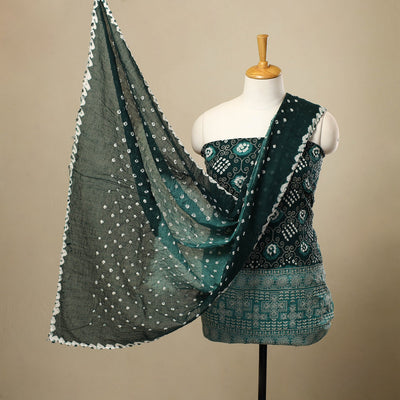 Green 3pc Tie & Dye Satin Cotton Bandhani Dress Material