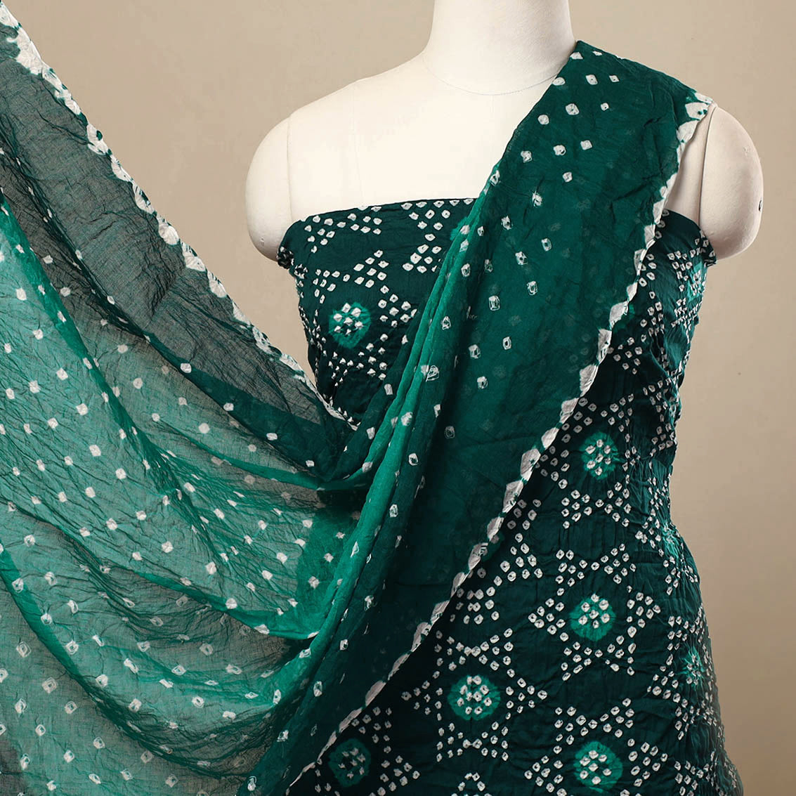 Green 3pc Tie & Dye Satin Cotton Bandhani Dress Material