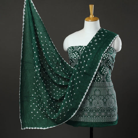 Green 3pc Tie & Dye Satin Cotton Bandhani Dress Material