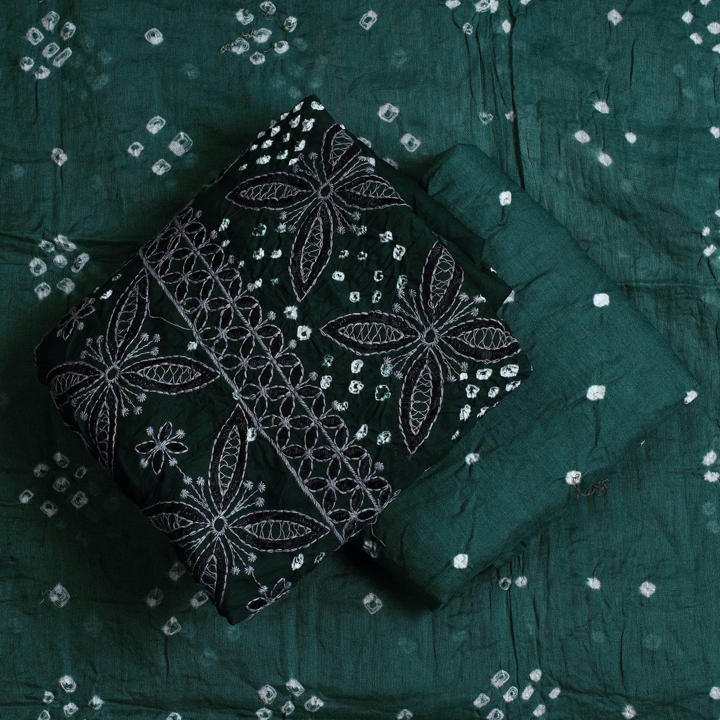 Green 3pc Tie & Dye Satin Cotton Bandhani Dress Material