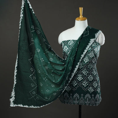 Green 3pc Tie & Dye Satin Cotton Bandhani Dress Material