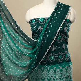 Green 3pc Tie & Dye Satin Cotton Bandhani Dress Material