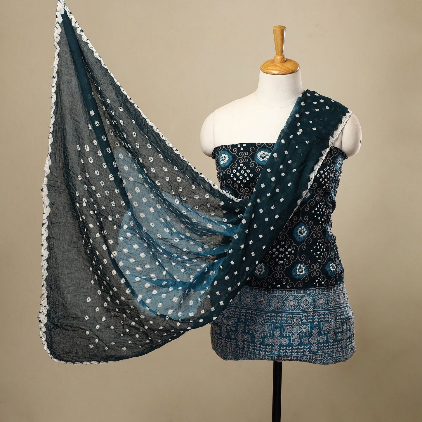 Green 3pc Tie & Dye Satin Cotton Bandhani Dress Material