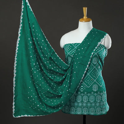 Green 3pc Tie & Dye Satin Cotton Bandhani Dress Material