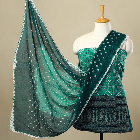  Green 3pc Tie & Dye Satin Cotton Bandhani Dress Material