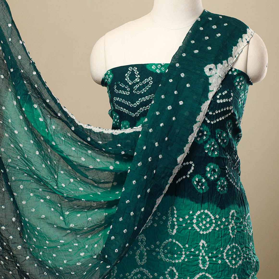Green 3pc Tie & Dye Satin Cotton Bandhani Dress Material