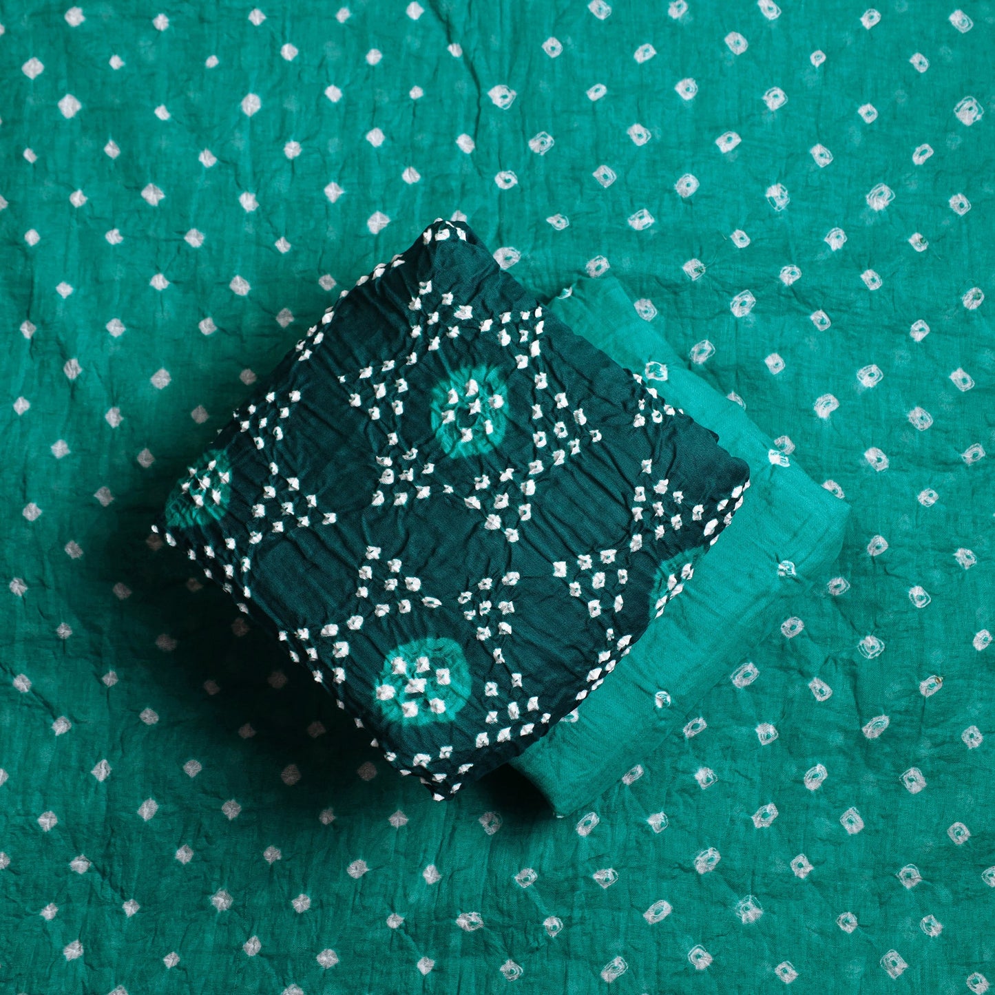 Green 3pc Tie & Dye Satin Cotton Bandhani Dress Material