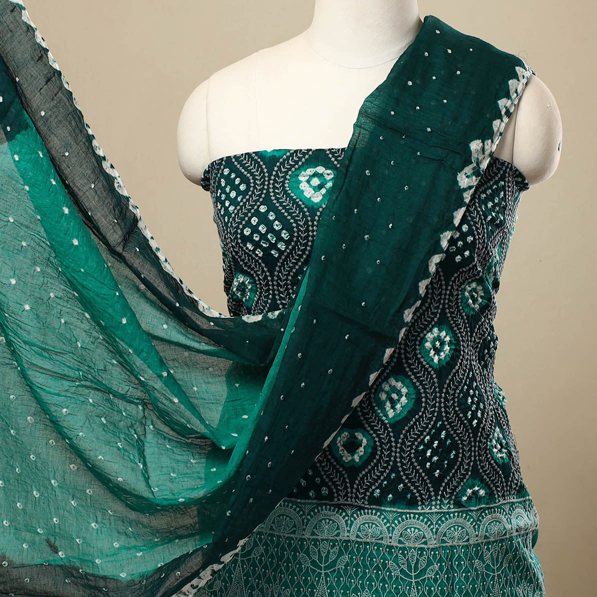 Green 3pc Tie & Dye Satin Cotton Bandhani Dress Material