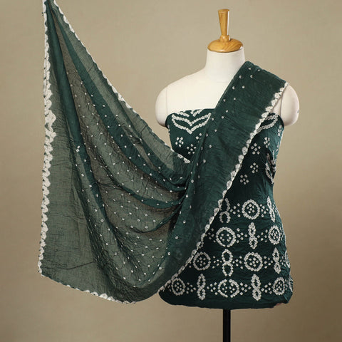 Buy 3pc Tie & Dye Satin Cotton Green Bandhani Dress Material