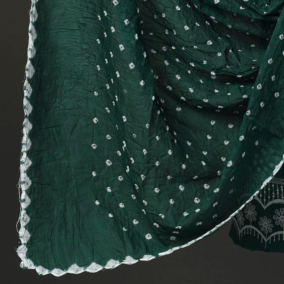 Green 3pc Tie & Dye Satin Cotton Bandhani Dress Material