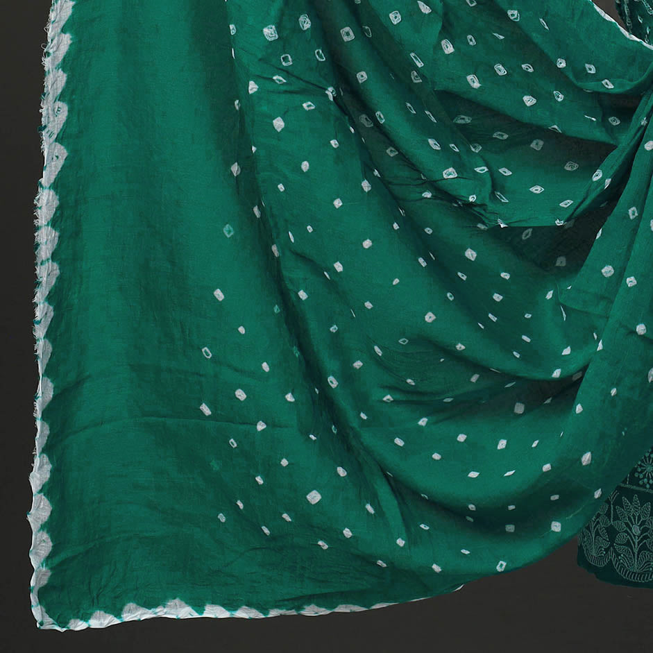 Green 3pc Tie & Dye Satin Cotton Bandhani Dress Material