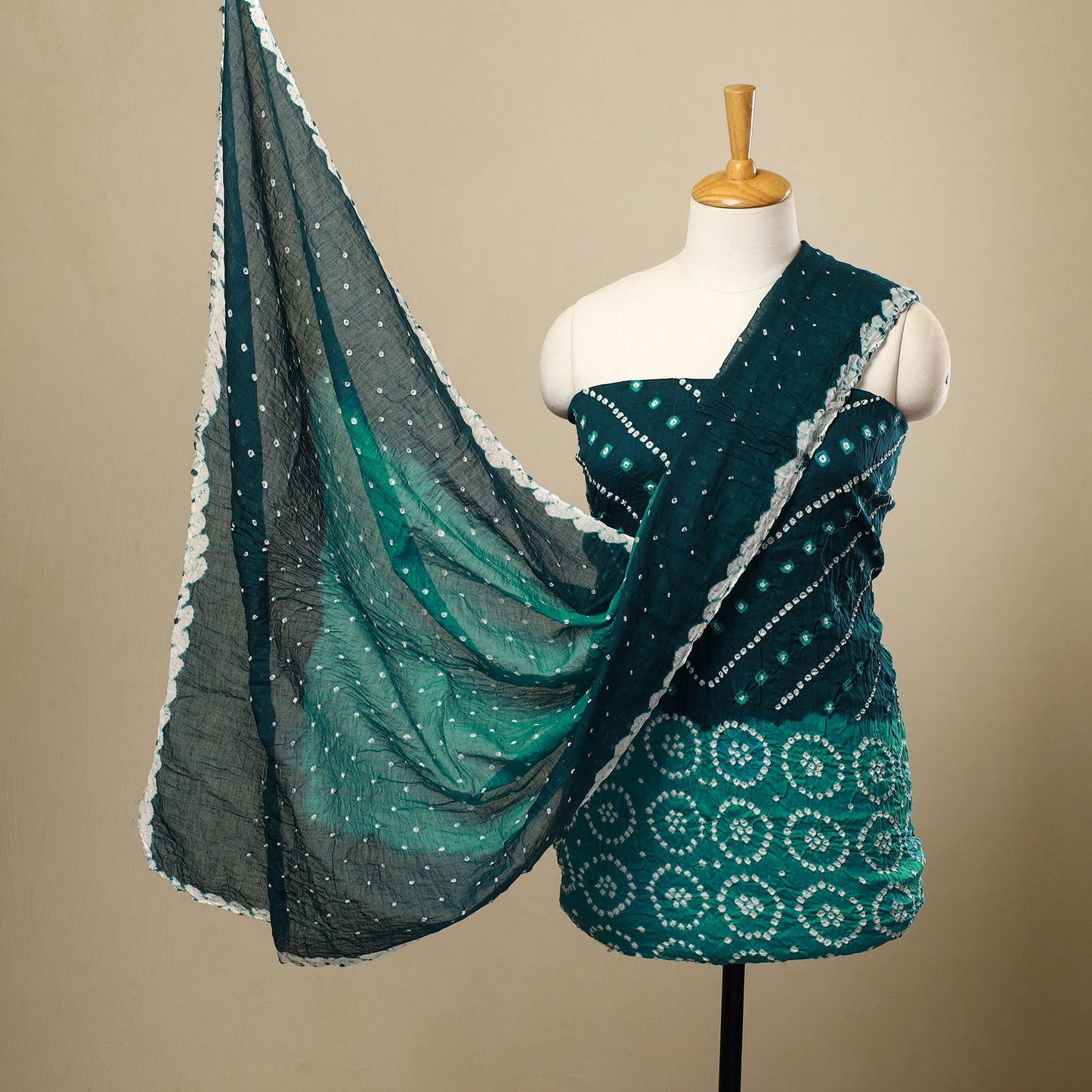 Green 3pc Tie & Dye Satin Cotton Bandhani Dress Material