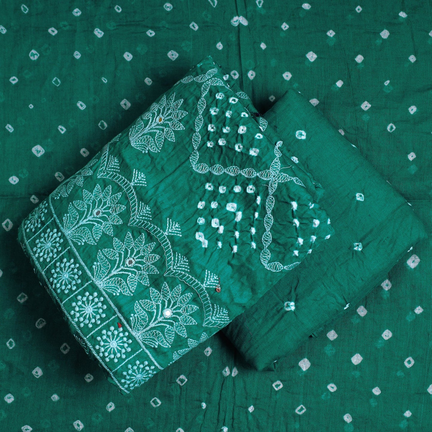 Green 3pc Tie & Dye Satin Cotton Bandhani Dress Material