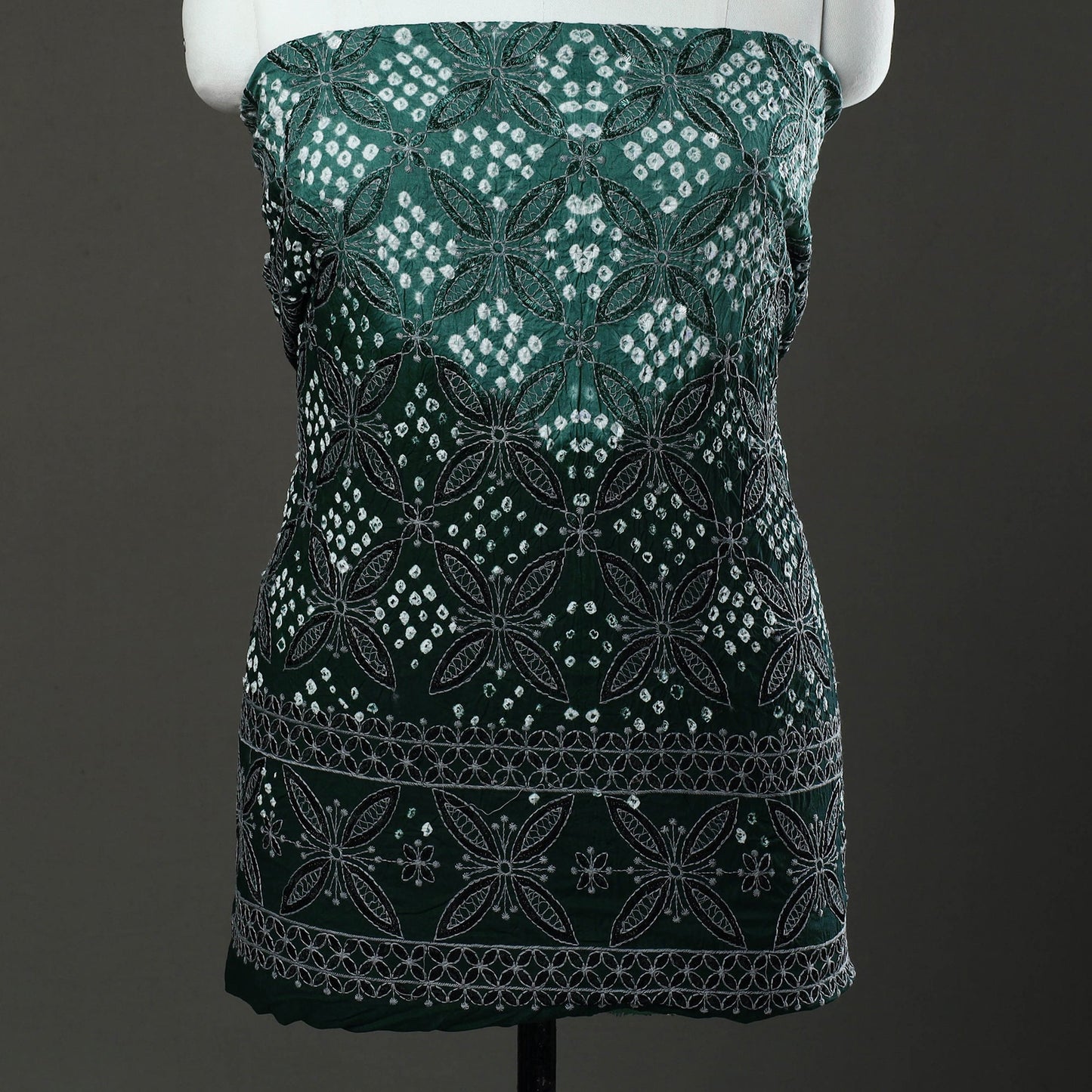 Green 3pc Tie & Dye Satin Cotton Bandhani Dress Material