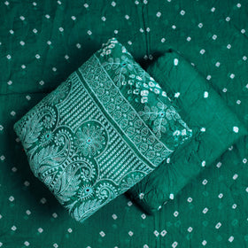 Green 3pc Tie & Dye Satin Cotton Bandhani Dress Material