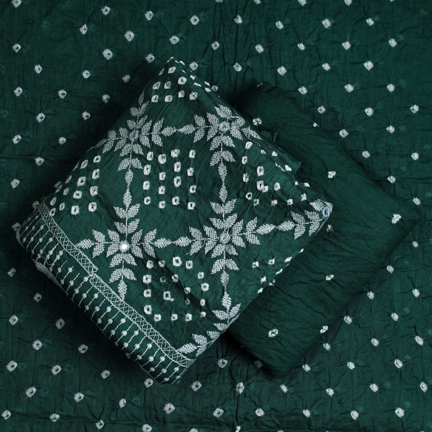 Green 3pc Tie & Dye Satin Cotton Bandhani Dress Material